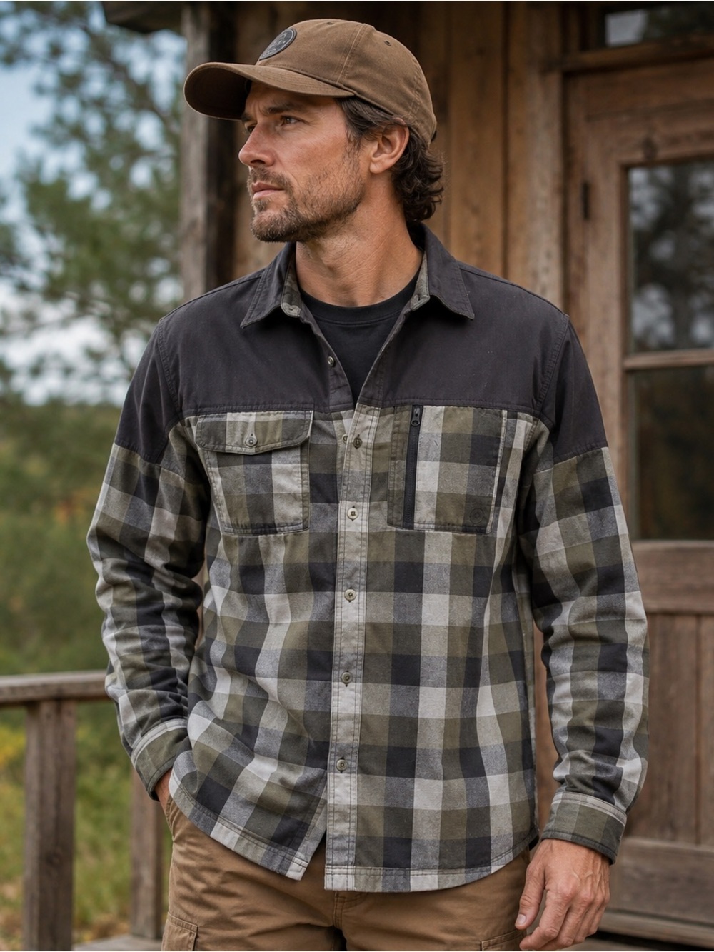 Wrangler ATG Mens Medium Organic Cotton Plaid Utility Shirt Hiking Gorpcore Outd